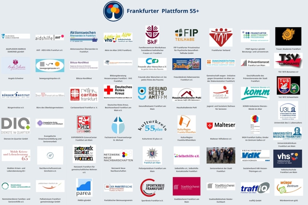 Übersicht der Logos aller Netzwerkpartner:innen der Frankfurter Plattform 55+ (Stand 01.07.2025)